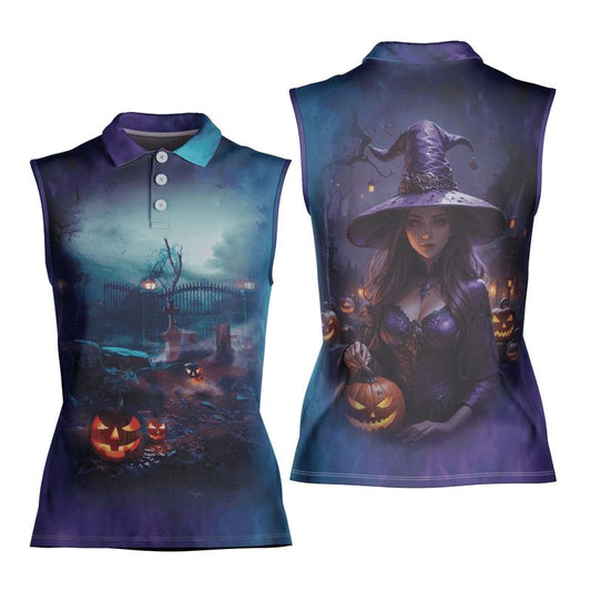 Halloween Pumpkin Witch Women's Sleeveless Athleisure Polo Shirt